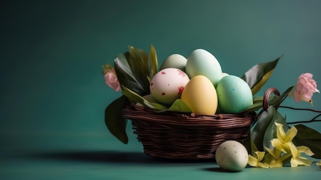 ovos de páscoa na cesta isolada em fundo verde com espaço de cópia para o feriado de primavera Generative AI