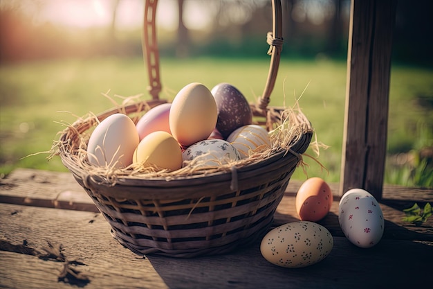 Ovos de Páscoa na cesta na mesa de madeira envelhecida na ilustração de jardim de primavera AI Generative