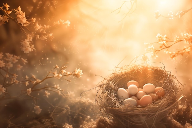 Ovos de Páscoa na grama com fundo de luz solar