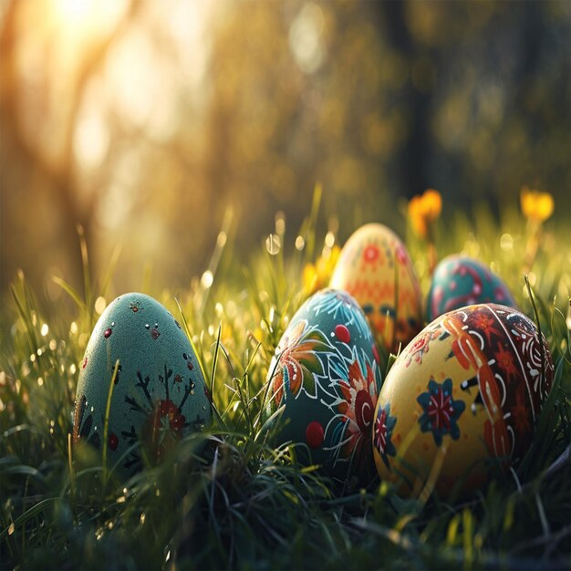 ovos de páscoa na grama com o sol atrás deles