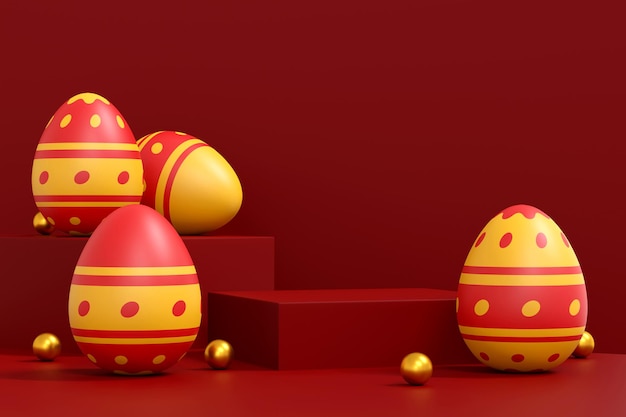 Ovos de Páscoa no fundo do pódio vermelho