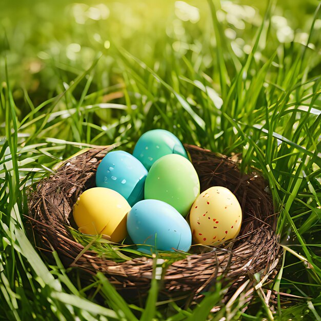 ovos de páscoa num ninho com um fundo verde