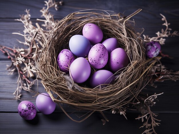 Ovos de Páscoa num ninho sobre um fundo de madeira roxa