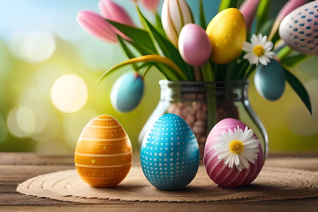 Ovos de Páscoa num vaso com flores ao fundo.