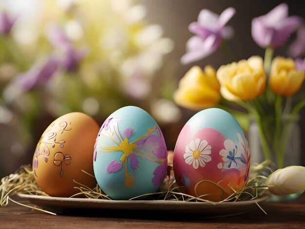 ovos de páscoa numa bandeja com flores ao fundo