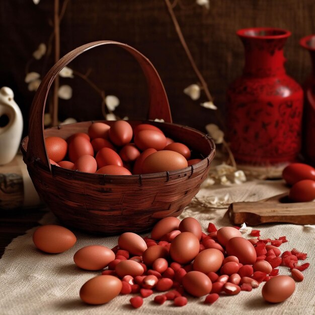 Ovos de Páscoa numa cesta numa mesa de madeira com um guardanapo vermelho