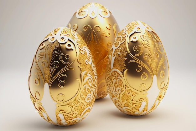 Ovos de Páscoa ornamentados dourados sobre fundo uniforme Conceito elegante de Páscoa Generative AI