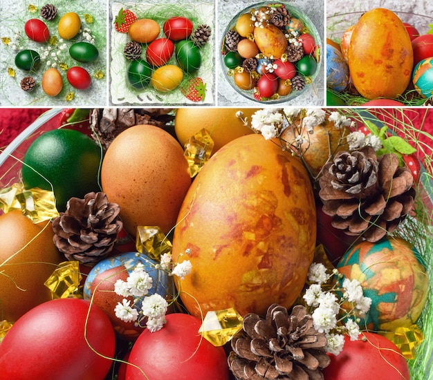 Ovos de Páscoa. Ovos de Páscoa coloridos com decoração. Colagem de fotos definidas.