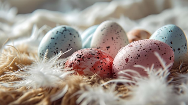 Ovos de páscoa pastel em tecido branco com penas