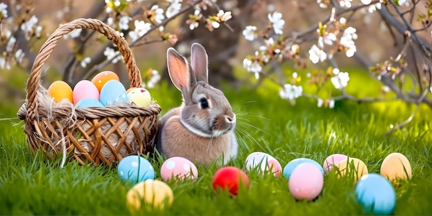 Ovos de páscoa pintados coloridos de coelho fofo e uma cesta nas gramas Conceito de feliz dia de páscoa