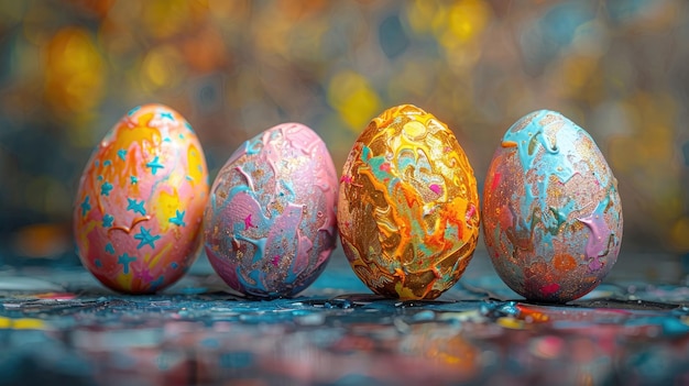 Ovos de Páscoa pintados com cores ovos criativos pysanky em fundo escuro borrado Pintar salpicos e redemoinhos