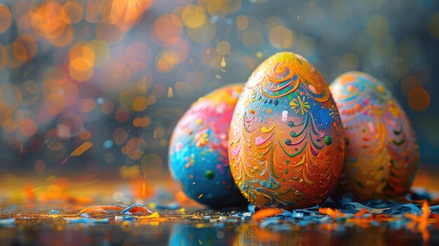 Foto ovos de páscoa pintados com cores ovos criativos pysanky em fundo escuro borrado pintar salpicos e redemoinhos