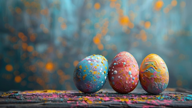 Ovos de Páscoa pintados com cores ovos criativos pysanky em fundo escuro borrado Pintar salpicos e redemoinhos