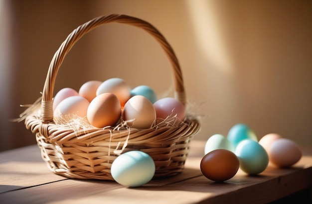 Ovos de Páscoa pintados de cores em uma cesta de vime sobre uma mesa de madeira durante o dia