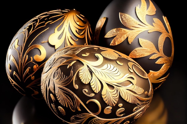 Ovos de Páscoa pintados nas cores preto e dourado com um padrão floral Generative AI