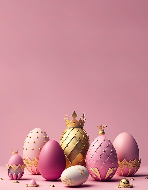 Foto ovos de páscoa rosa com uma coroa no topo.
