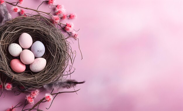 Ovos de Páscoa tingidos em um ninho de pássaros em um fundo rosa brilhante