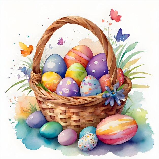 Foto ovos de segunda-feira de páscoa cesto floral aquarela ilustração de imagem ai gerar imagem