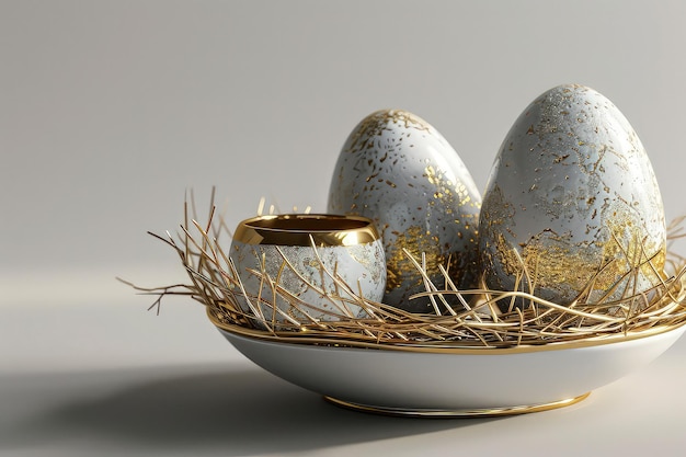 Ovos delicadamente dispostos em copos de ovos de ouro ornamentados em uma bandeja de madeira antiga