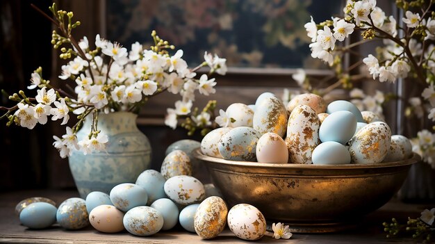 Ovos dourados azuis pintados e flores brancas no interior.