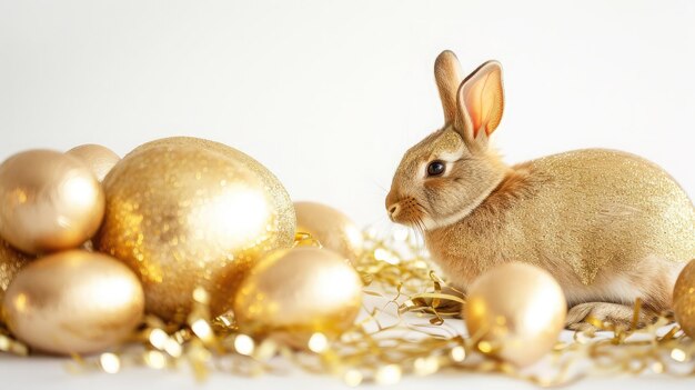 Ovos dourados elegantes conceito de Páscoa Ovos de Páscua dourados com coelho dourado fundo branco Páscoa à moda