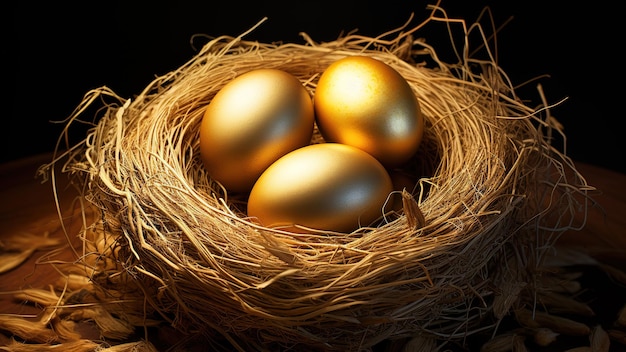 Ovos dourados em pássaros nidificam em fundo escuro criados com tecnologia de IA generativa