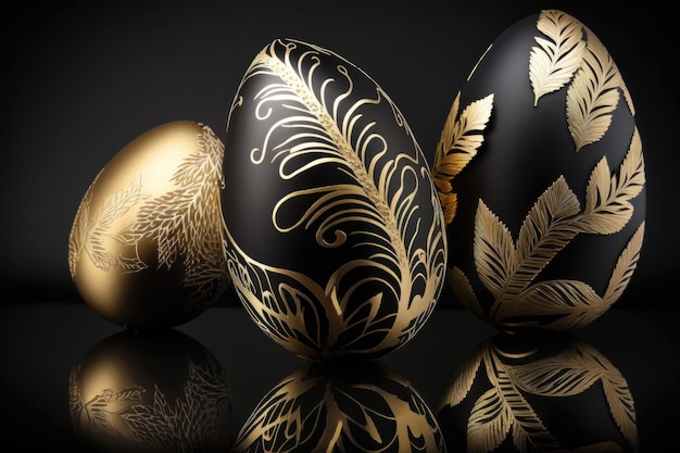 Ovos dourados metálicos e pretos pintados com penas douradas no fundo preto esquerdo