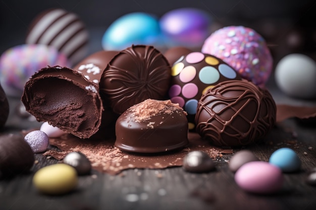 Ovos e pedaços de chocolate símbolo da Páscoa A Páscoa é uma festa cristã que relembra a crucificação, morte e ressurreição de Jesus como um ato de misericórdia para redimir a humanidade