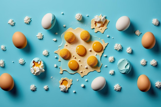 Ovos em um design de comida com gemas fritas e mexidas em uma vista de fundo azul do topo Conceito de moda alimentar minimalista