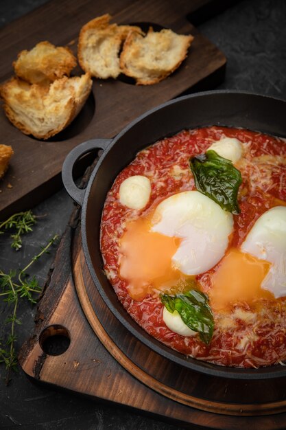 Ovos escalfados, com tomate e molho em uma panela sobre uma placa de madeira