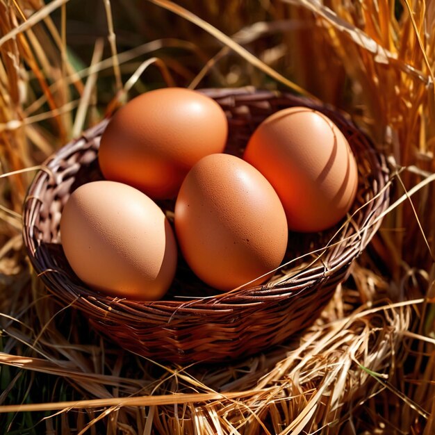 Ovos frescos naturais orgânicos de pastagem livre em ninho de cesta em ambiente agrícola ao ar livre