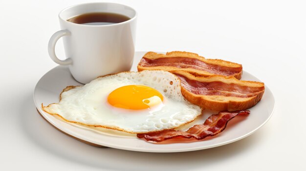 Ovos fritos ao lado de bacon assado com uma chávena de café