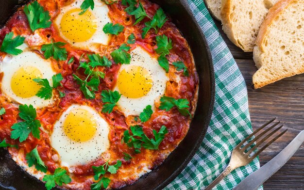 Ovos fritos com legumes e molho de tomate em frigideira de ferro em fundo de madeira rústica