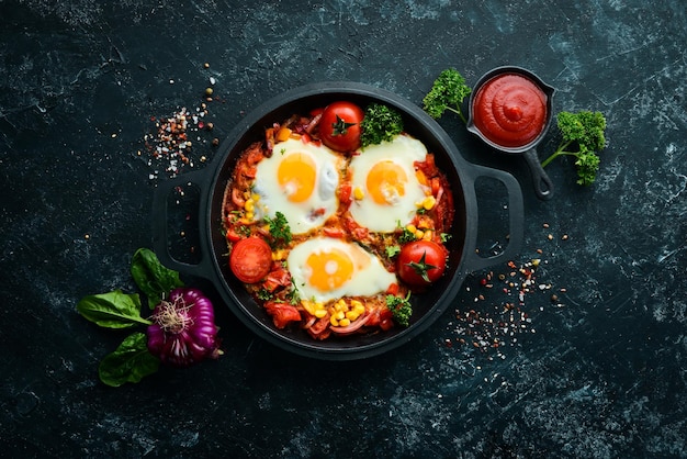 Ovos fritos com legumes tomate páprica pimentão cebolas Shakshuka vegetal em uma panela Vista superior Espaço livre para o seu texto