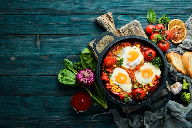 Ovos fritos com legumes tomate páprica pimentão cebolas Shakshuka vegetal em uma panela Vista superior Espaço livre para o seu texto