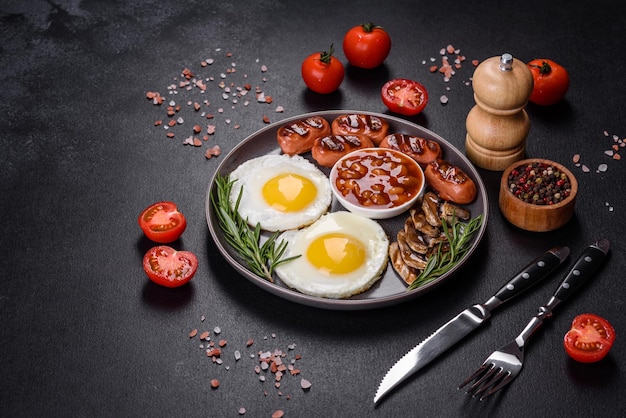 Ovos fritos de feijão de café da manhã inglês completo salsichas assadas tomates cogumelos em uma mesa de concreto escuro com pão torrado