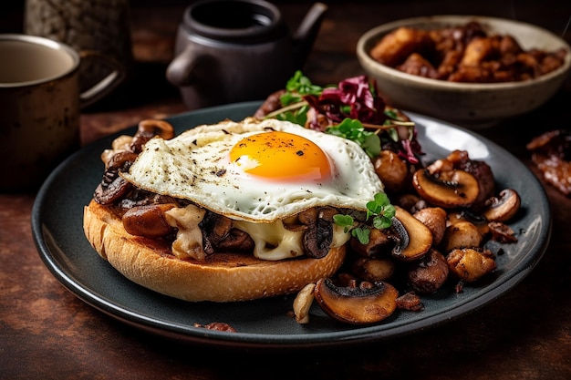 Foto ovos fritos e bacon e batatas fritas e morcela e cogumelos e torradas