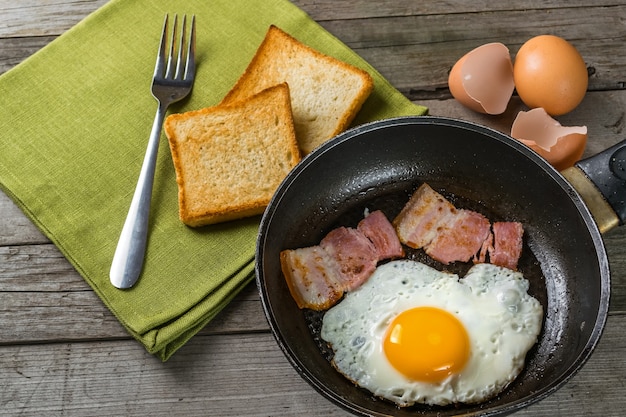 Ovos fritos e bacon na frigideira