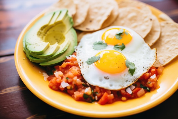 Ovos fritos em salsa com feijão e fatias de abacate