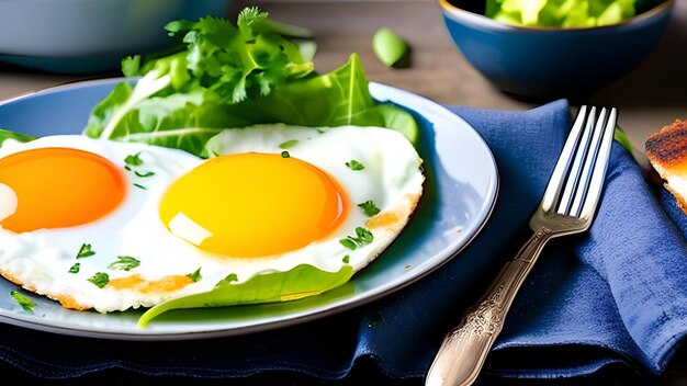 Ovos fritos em um prato com salada