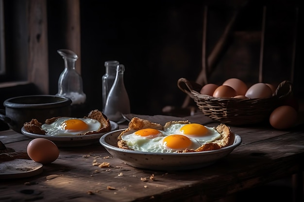 Ovos fritos em uma bandeja redonda em uma cozinha rústica Ai Generative