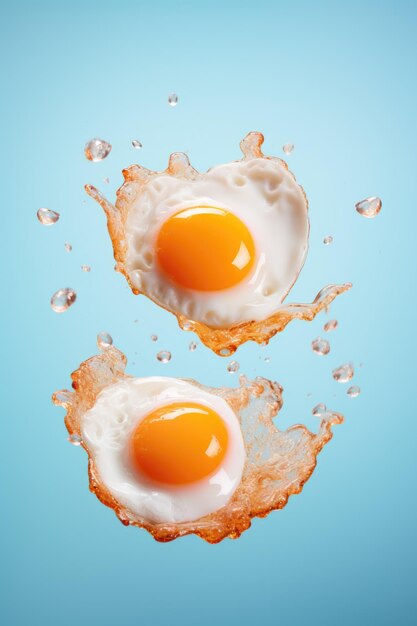 Foto ovos fritos para o pequeno-almoço voam no ar em fundo azul pastel levitação de comida da moda