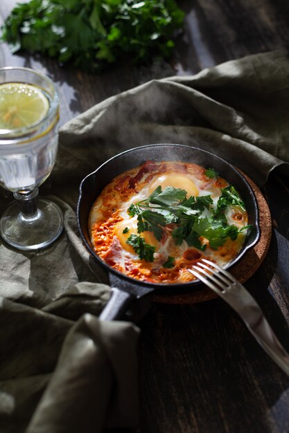 Ovos fritos shakshuka em uma panela de ferro fundido