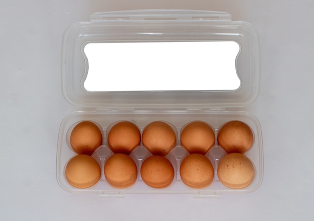 Foto ovos marrons rústicos em um saco plástico. embalagem de ovo em um fundo branco