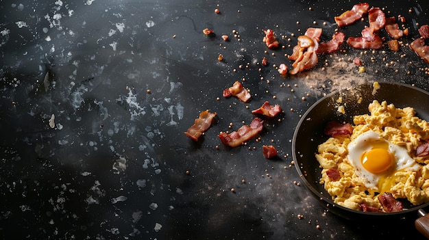 Ovos mexidos com bacon em frigideira em fundo escuro