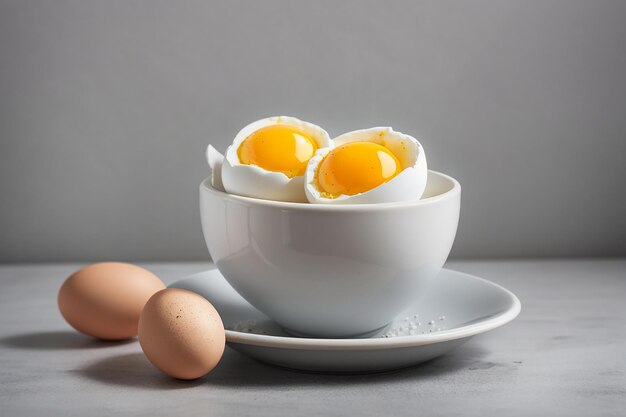 Foto ovos num copo branco sobre cinza