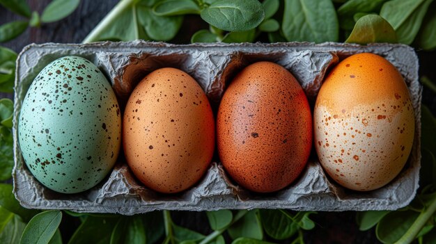 Ovos sanguíneos, coléricos, flegmáticos e melancólicos em uma caixa de ovos Tipos de temperamento