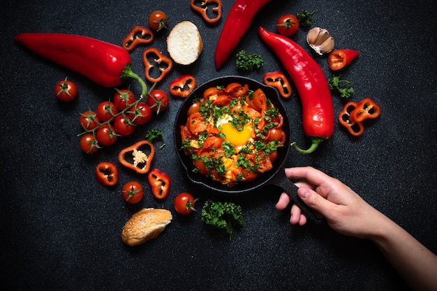 Ovos shakshouka escaldados em molho de vegetais