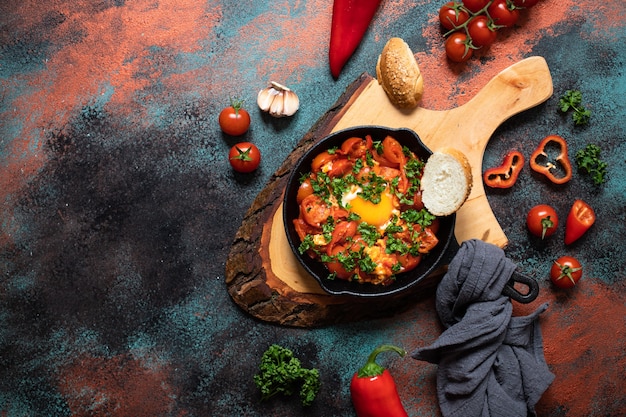 Foto ovos shakshouka escaldados em molho de vegetais