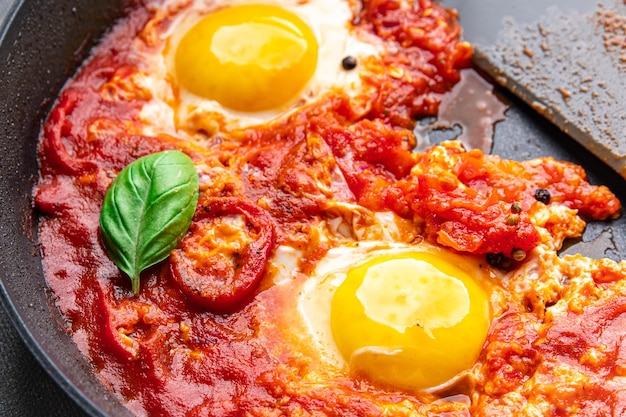 ovos shakshuka, tomate, pimenta, legumes café da manhã refeição saudável comida lanche dieta na mesa cópia